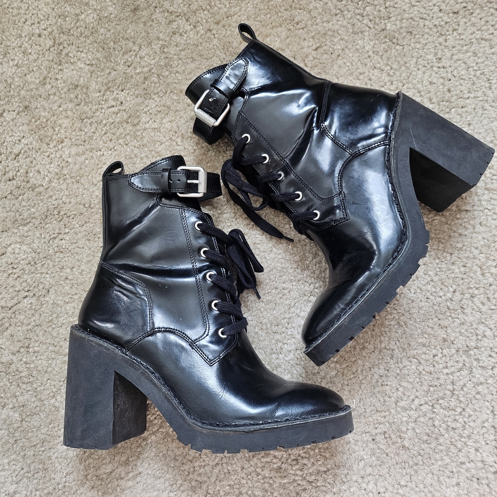 AllSaints Casey Black Leather Lace-Up Buckle Block Heel Ankle Boots SZ 40 - Picture 2 of 9